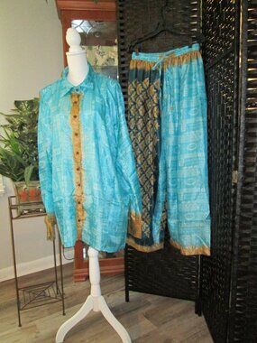 Wild Child 100% Silk Boho PantSet Turquoise Gold OS NWT